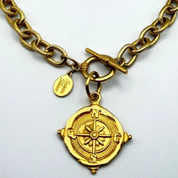 Susan Shaw Gold Tone Compass Pendant Toggle Necklace 16”24K Gold PlatedEUC